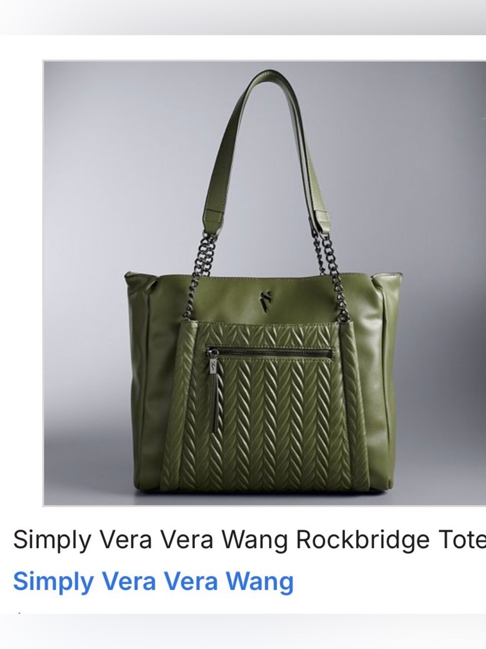 Discontinued-NWTSimply Vera Vera Wang Olive Quilted Tote with Chain-Strap Detail